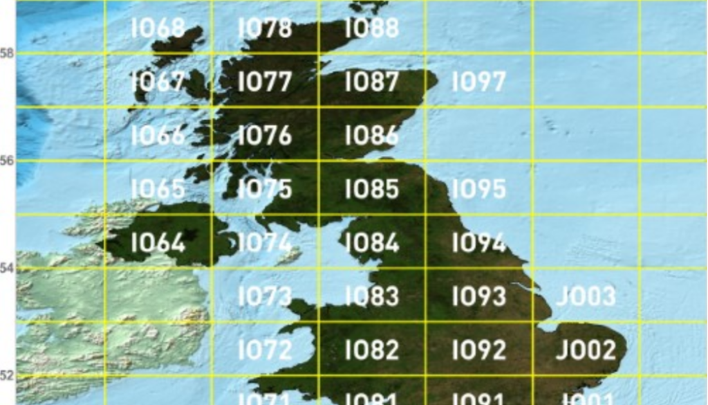 Map showing the British Isles with a grid overlay and numerical grid references, depicting ocean and land with varying elevation.