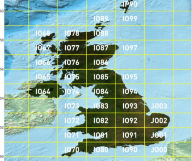 Map showing the British Isles with a grid overlay and numerical grid references, depicting ocean and land with varying elevation.