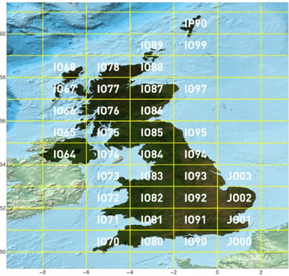 Map showing the British Isles with a grid overlay and numerical grid references, depicting ocean and land with varying elevation.